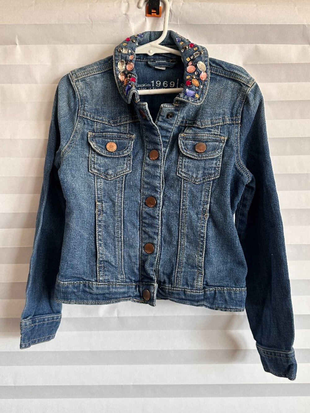 Gap Kids Girls Denim Jean Jacket Size 8 Medium Classic Blue with Rhinestones